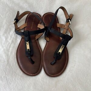 Tommy Hilfiger Black and Brown T-Strap Sandals